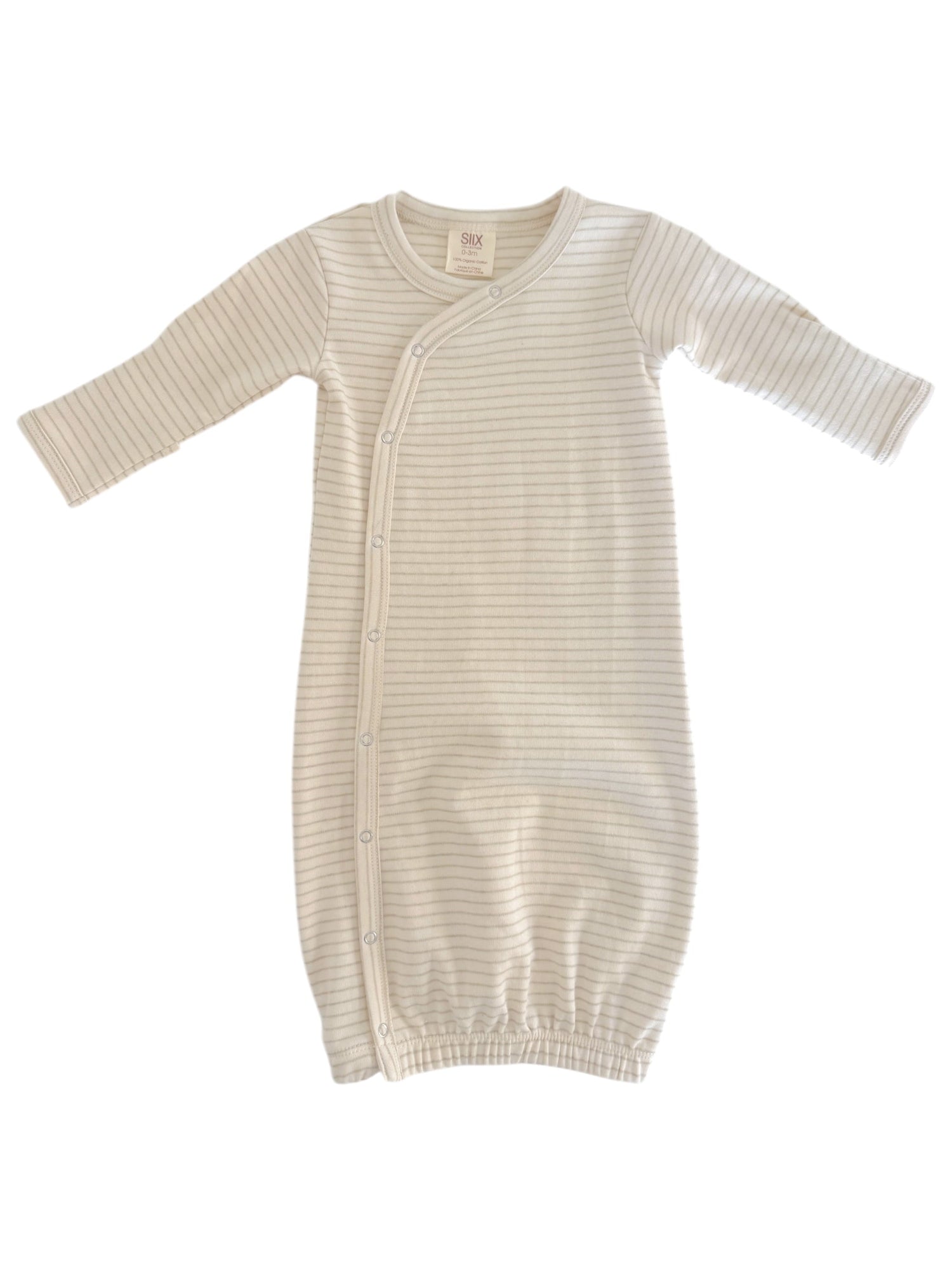 Cream-colored baby sleep gown with long sleeves and buttons, featuring subtle stripes throughout.