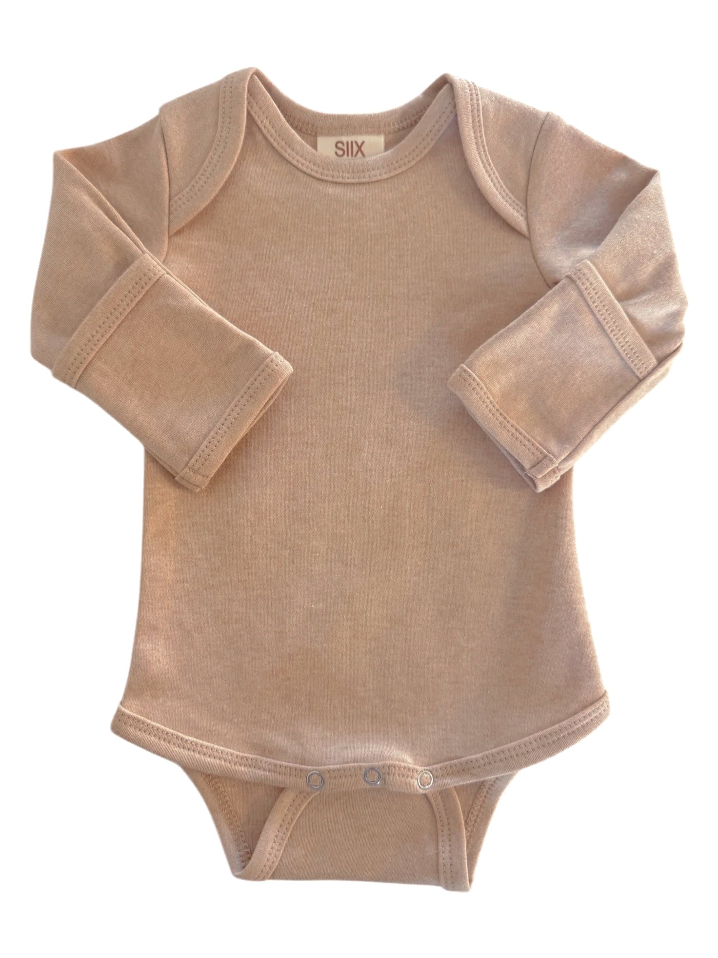 Light brown long-sleeve baby onesie with snap closures at the bottom. Soft fabric, round neckline.