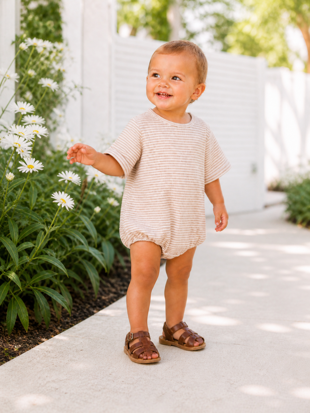 Smiling toddler in striped onesie stands near daisies on a sunny pathway.