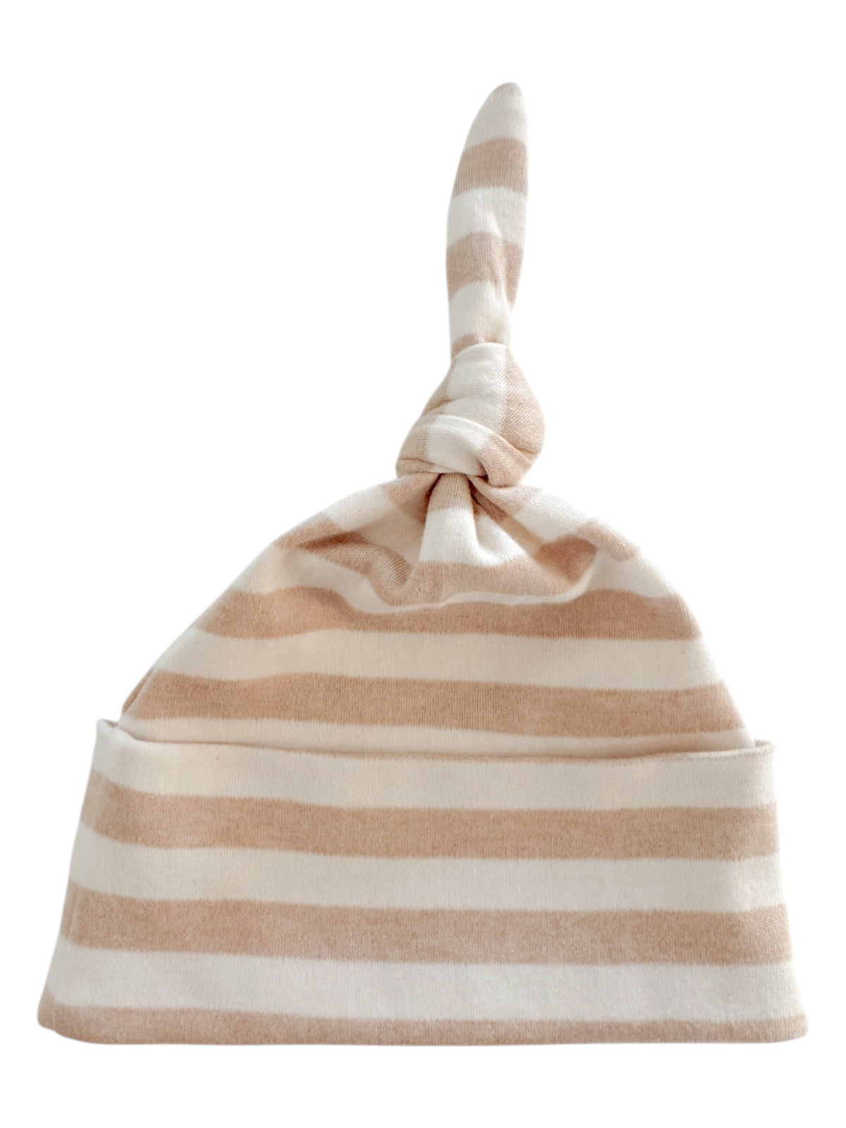 Striped baby hat with a knot at the top in soft beige and white colors.