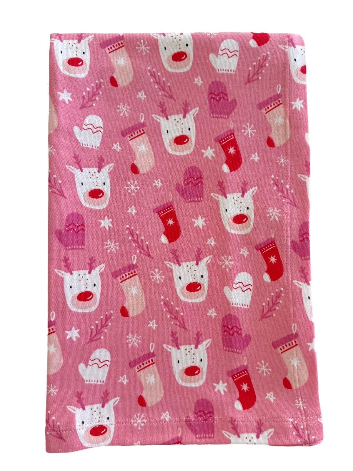 Pink fabric with cheerful reindeer faces and colorful mittens, accented by snowflakes and leaves. Perfect for winter themes.