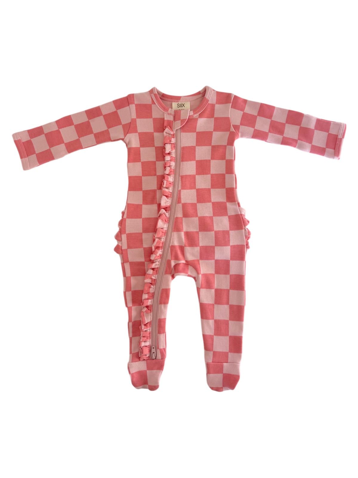 Strawberry/Rosy Checkerboard / Organic Frill Zip Footie