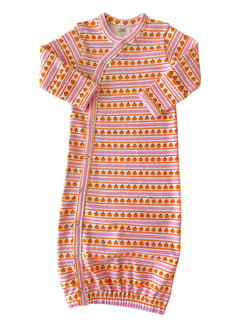 Infant sleep sack with pumpkin pattern in orange and pink stripes, featuring snap closures along the side.