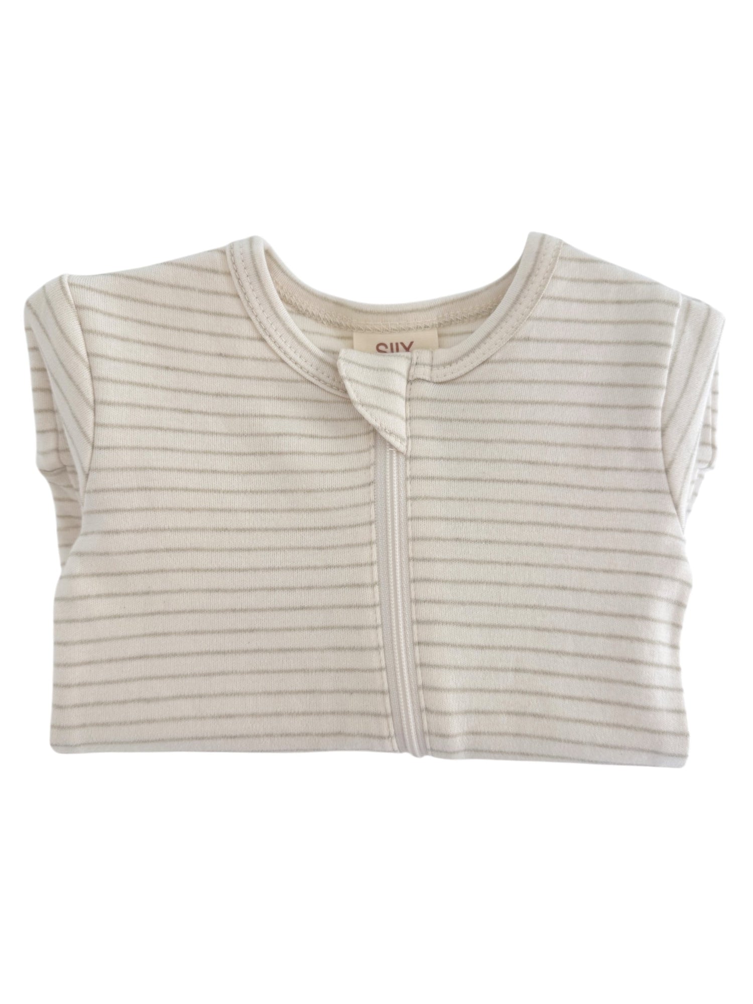 Lightly striped infant bodysuit with a front zipper, folded neatly for display.