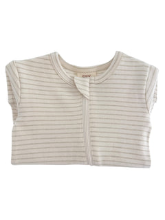 Lightly striped infant bodysuit with a front zipper, folded neatly for display.