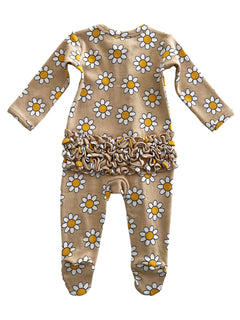 Brown onesie with yellow and white daisies and a ruffled waist, designed for infants.