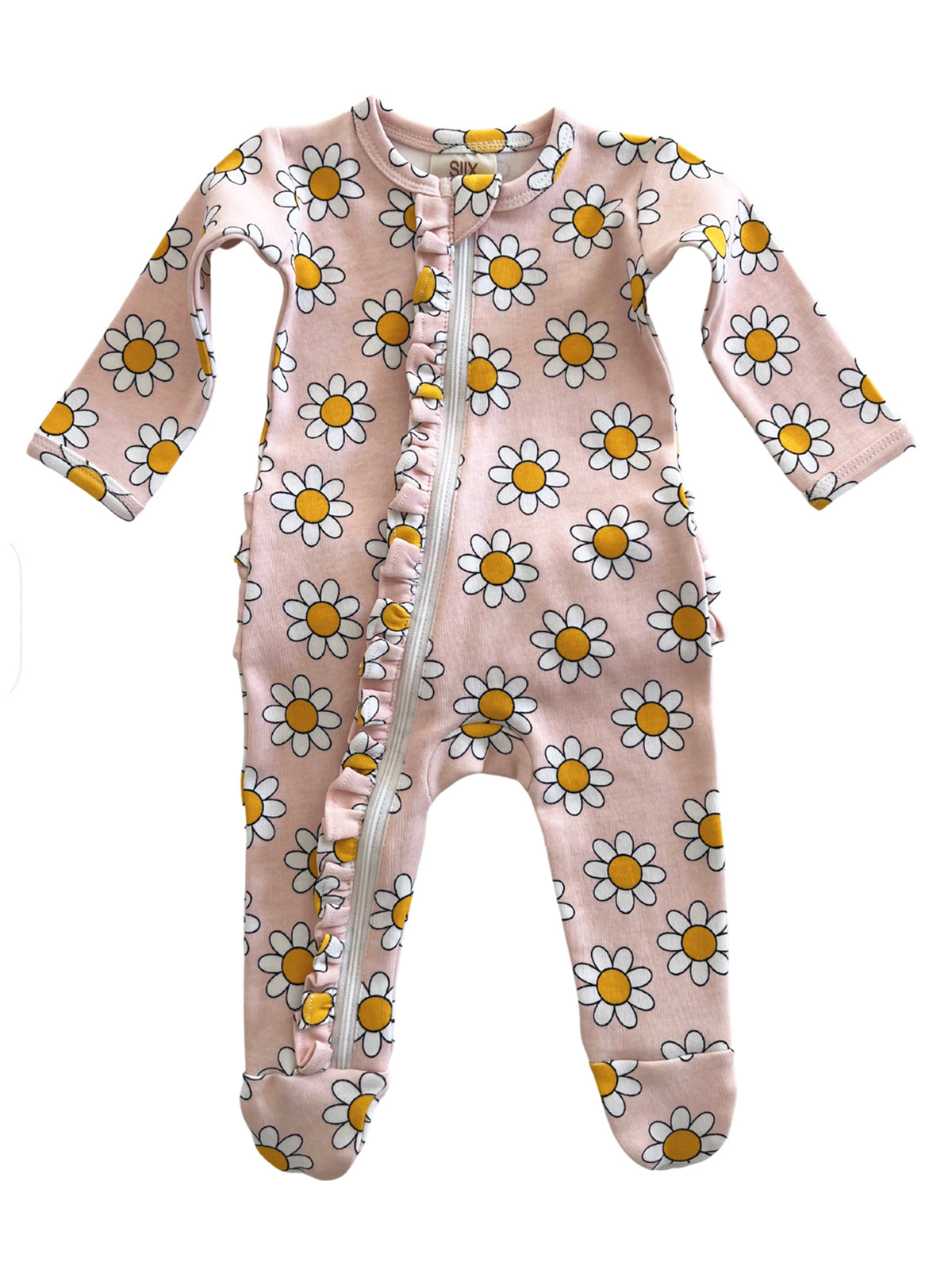 Baby onesie with long sleeves in pink, featuring a floral pattern of white daisies with yellow centers.
