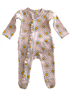 Baby onesie with long sleeves in pink, featuring a floral pattern of white daisies with yellow centers.