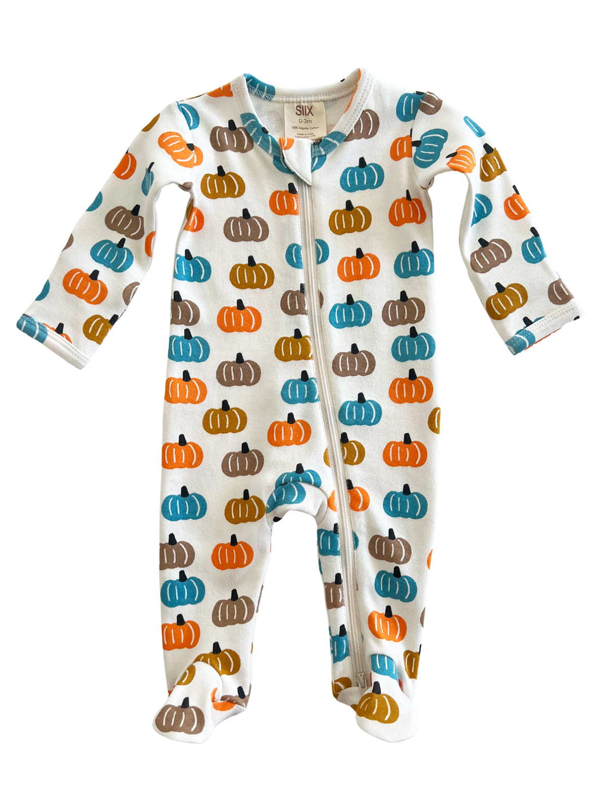 White baby onesie with colorful pumpkin patterns in orange, teal, brown, and yellow. Zipper closure.