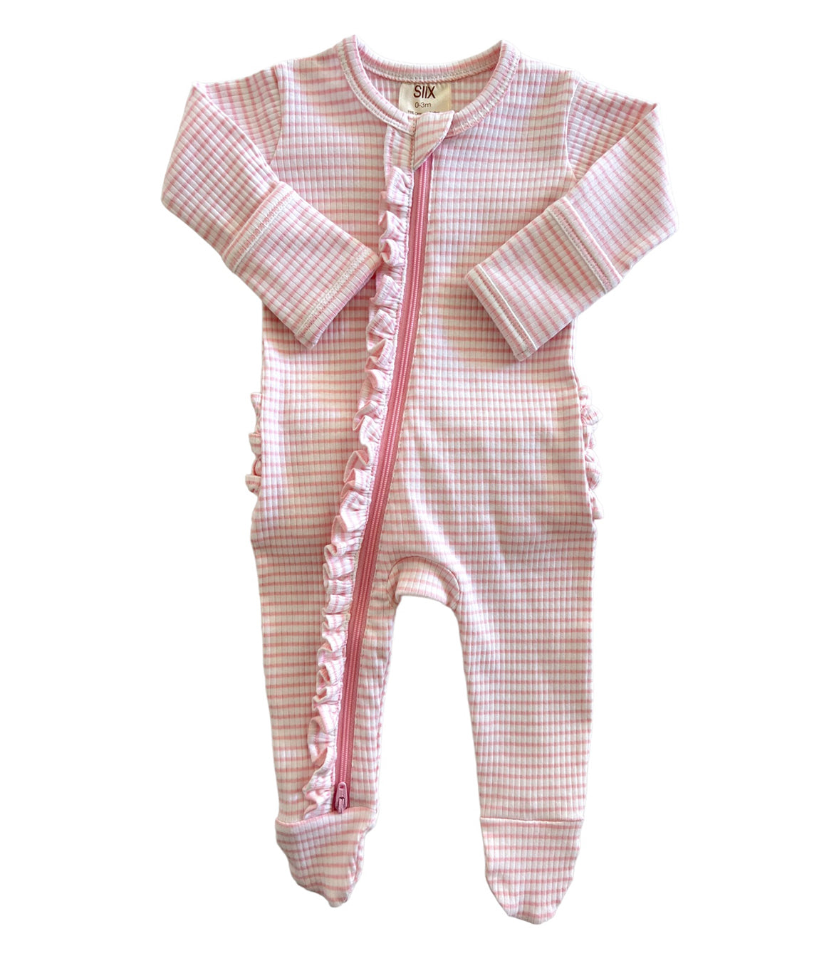 Pink Stripe / Organic Ribbed Frill Zip Footie