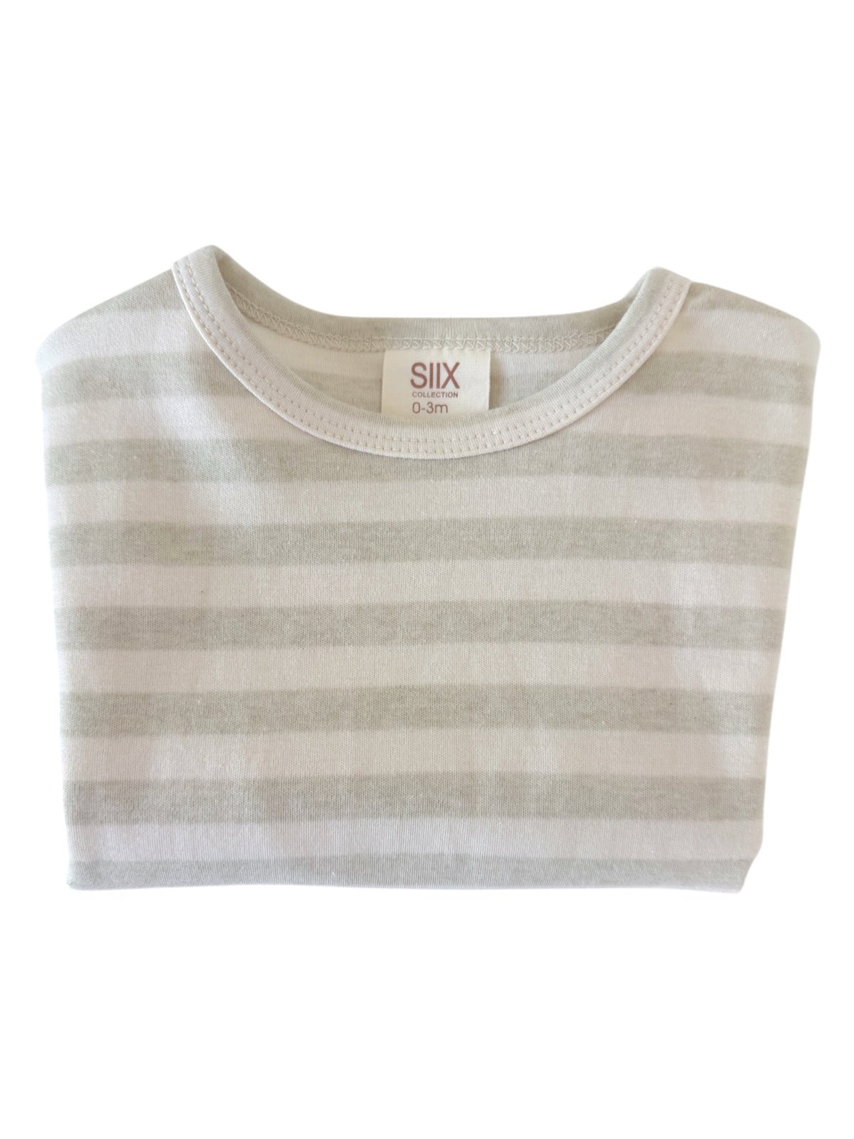 Light gray striped baby shirt folded, featuring a round neckline and label indicating size 0-3 months.