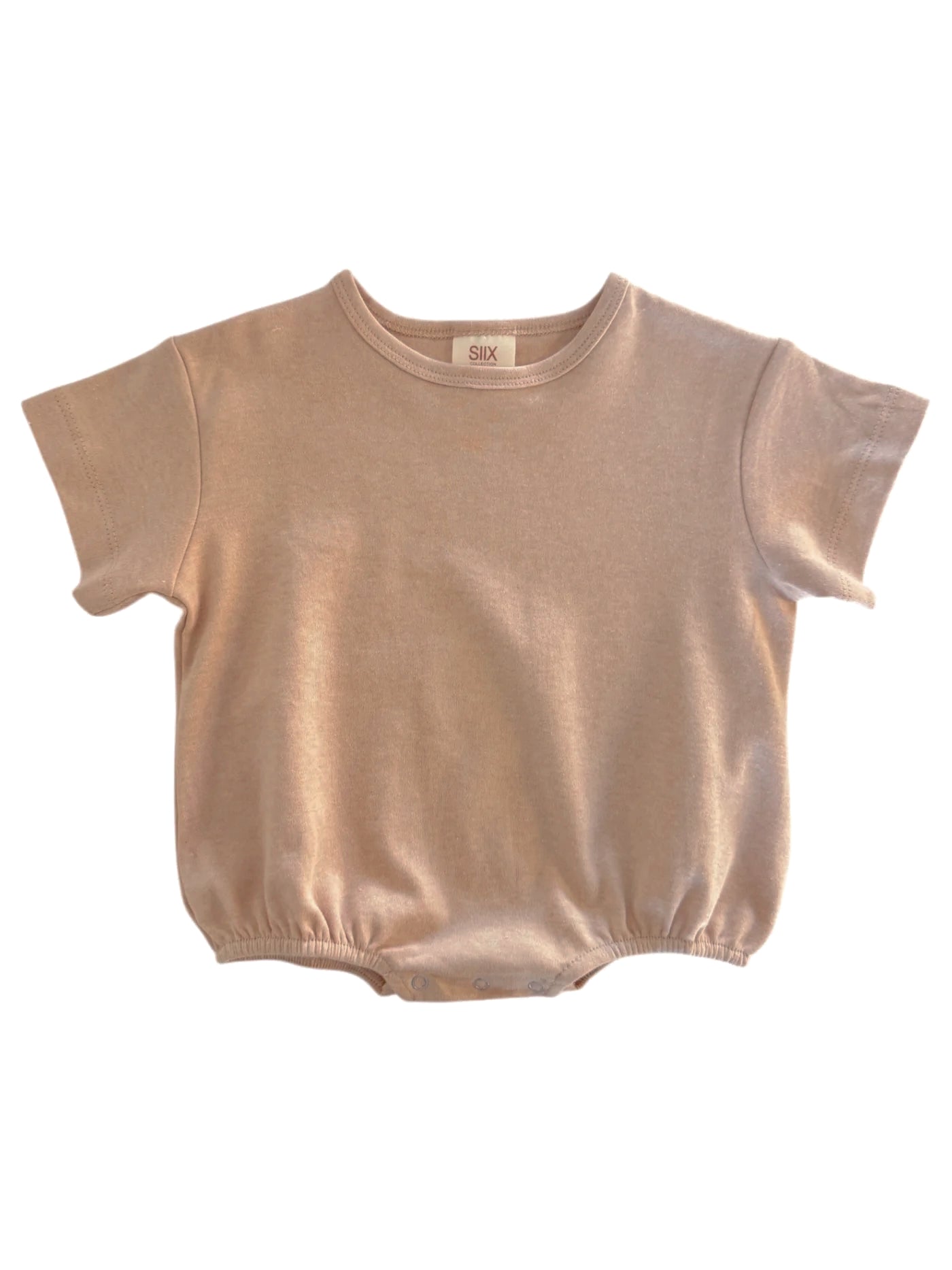 Light beige baby onesie with short sleeves and snap closures at the bottom. Soft and comfortable material.
