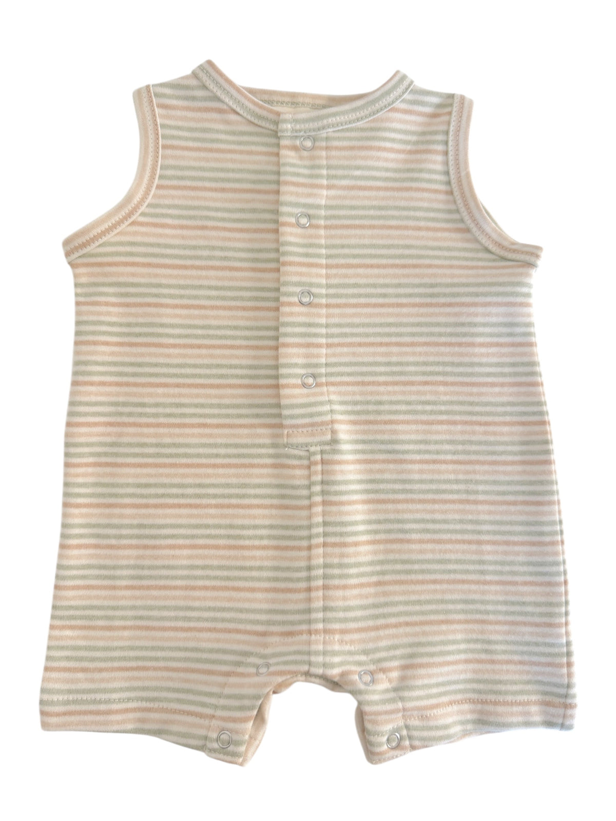 Striped baby romper in soft pastel colors with snap buttons at the front and bottom for easy dressing.