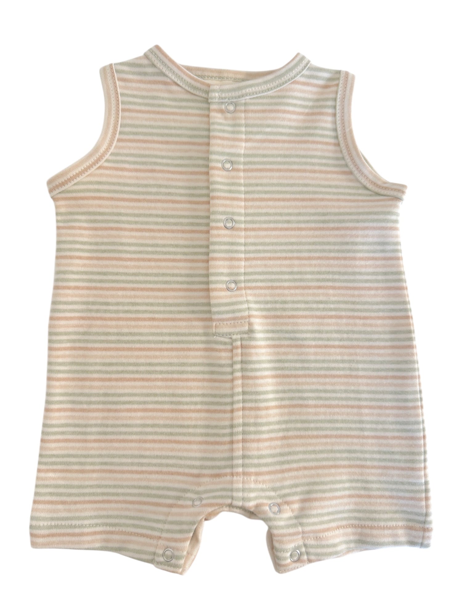 Striped baby romper in soft pastel colors with snap buttons at the front and bottom for easy dressing.