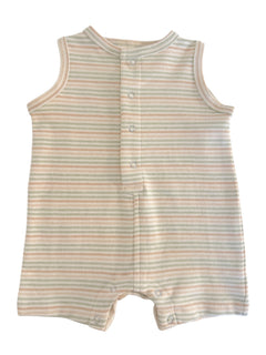 Striped baby romper in soft pastel colors with snap buttons at the front and bottom for easy dressing.