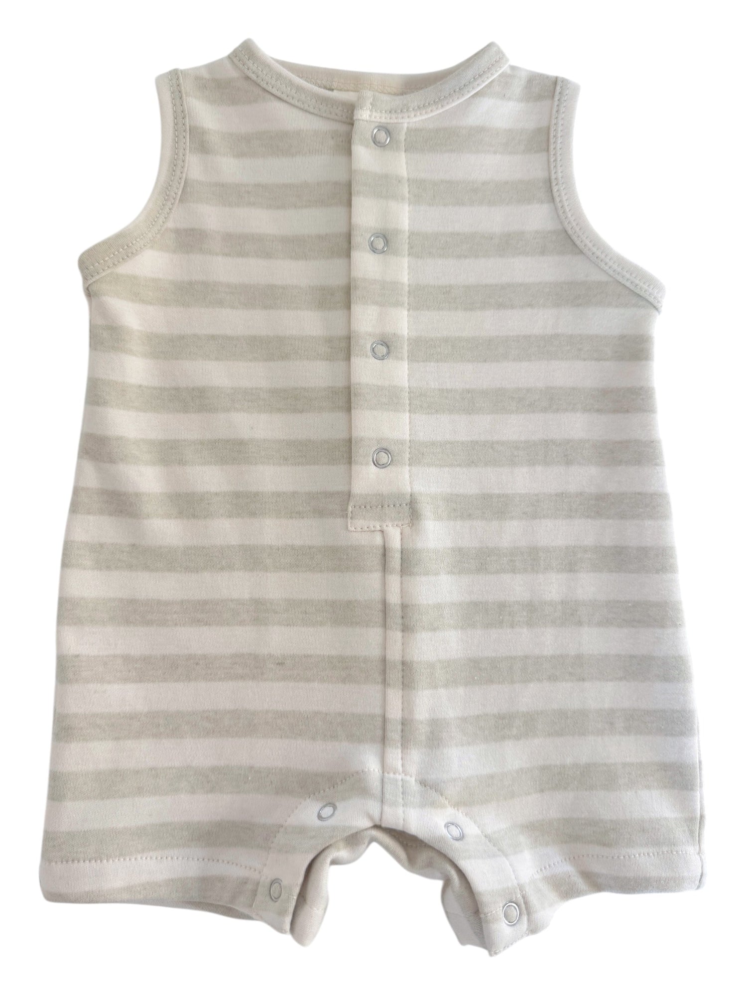 Light gray and white striped baby onesie with snap buttons, sleeveless design, and a casual style.