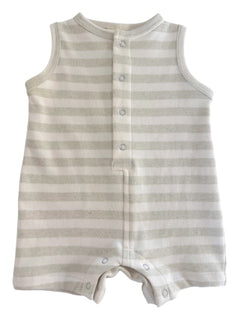 Light gray and white striped baby onesie with snap buttons, sleeveless design, and a casual style.