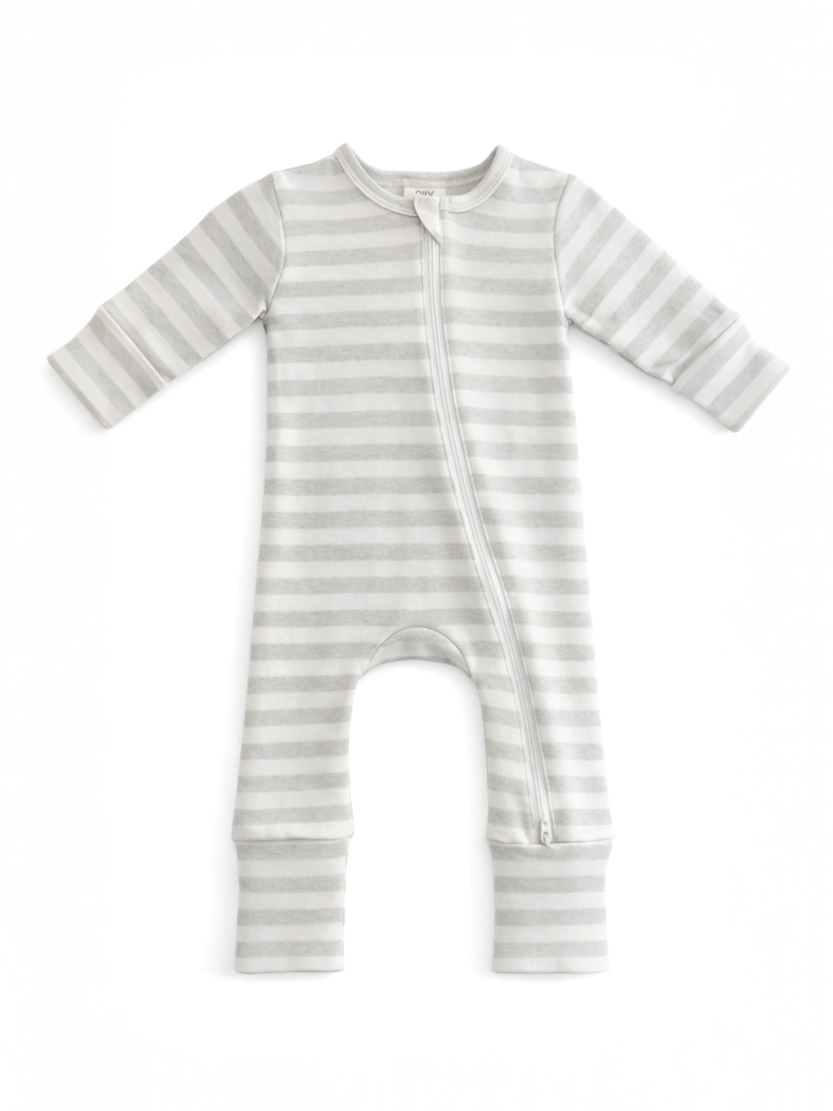 Gray striped baby onesie with long sleeves and a front zipper. Soft and comfortable for infants.