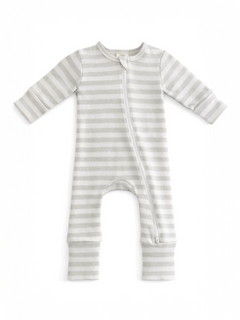 Gray striped baby onesie with long sleeves and a front zipper. Soft and comfortable for infants.