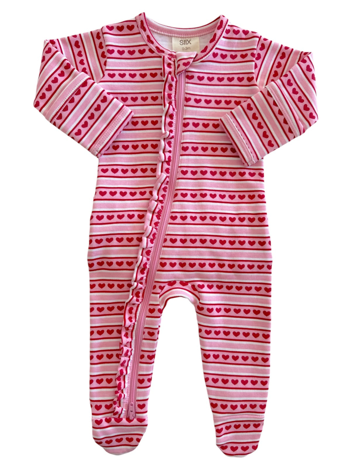 Valentine Stripe / Organic Frill Zip Footie