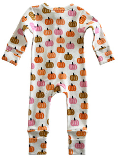 Infant onesie featuring colorful pumpkin patterns in orange, pink, and brown on a white background.