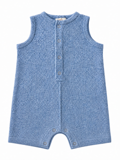 Light blue sleeveless baby romper with textured fabric and snap buttons down the front.