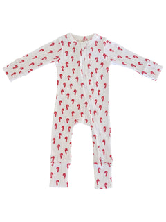 White toddler onesie with red candy cane pattern and long sleeves. Front zipper for easy dressing.