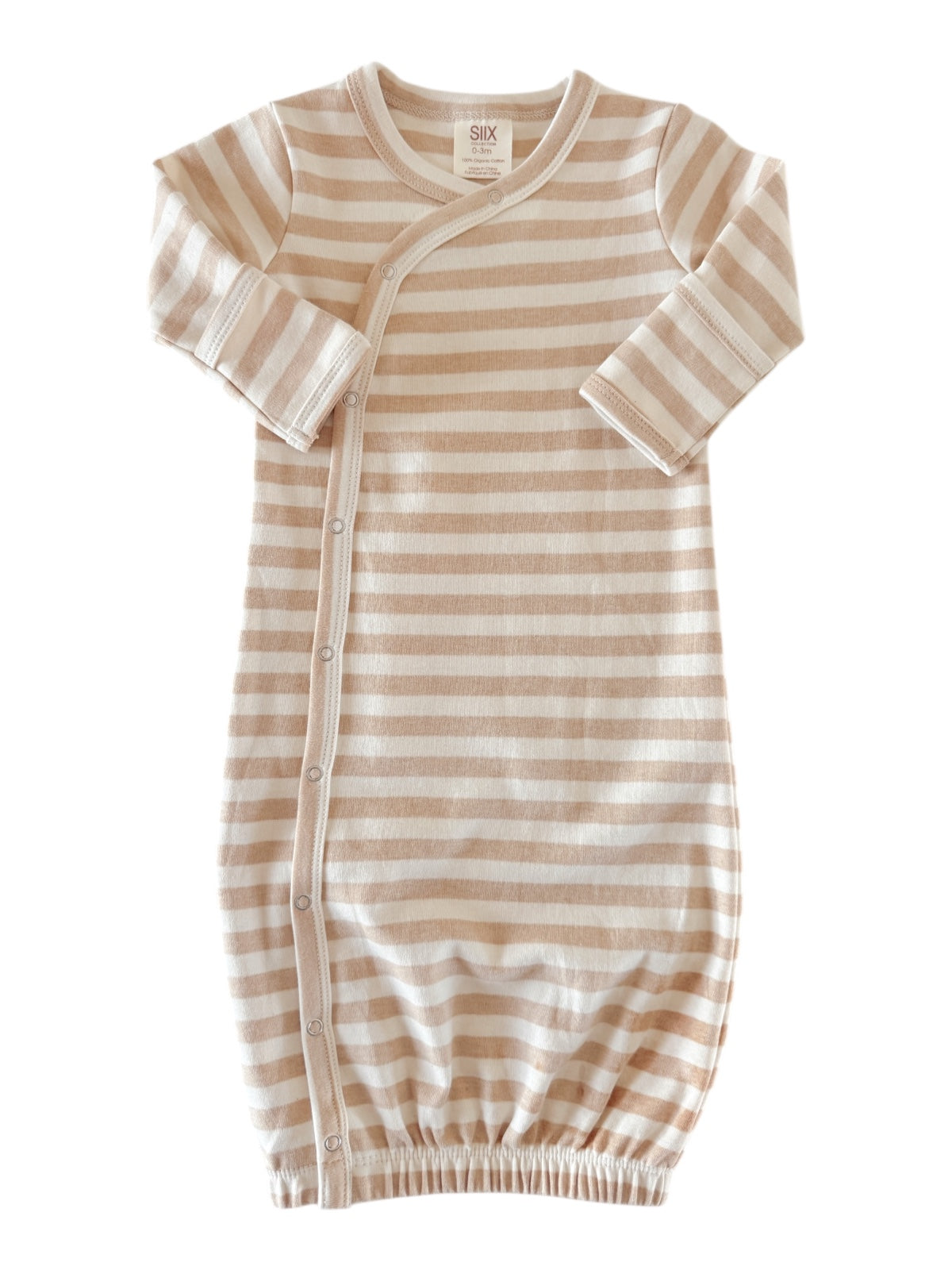 Beige and white striped baby gown with long sleeves and snap closures. Soft fabric for comfort and ease.
