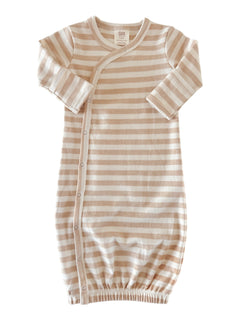 Beige and white striped baby gown with long sleeves and snap closures. Soft fabric for comfort and ease.