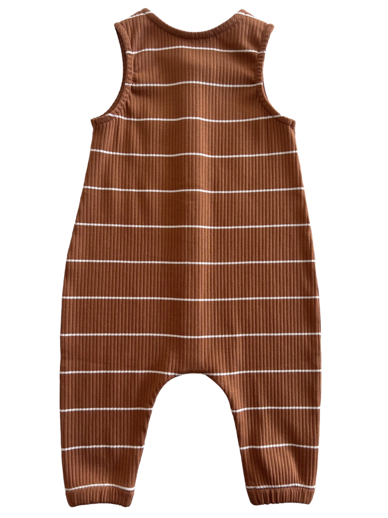 Brown striped romper with ribbed texture, featuring wide straps and a relaxed fit. Ideal for casual wear.
