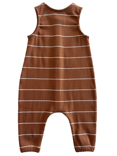 Brown striped romper with ribbed texture, featuring wide straps and a relaxed fit. Ideal for casual wear.