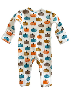Baby romper with a colorful pumpkin pattern on a white background. Long sleeves and footed design.