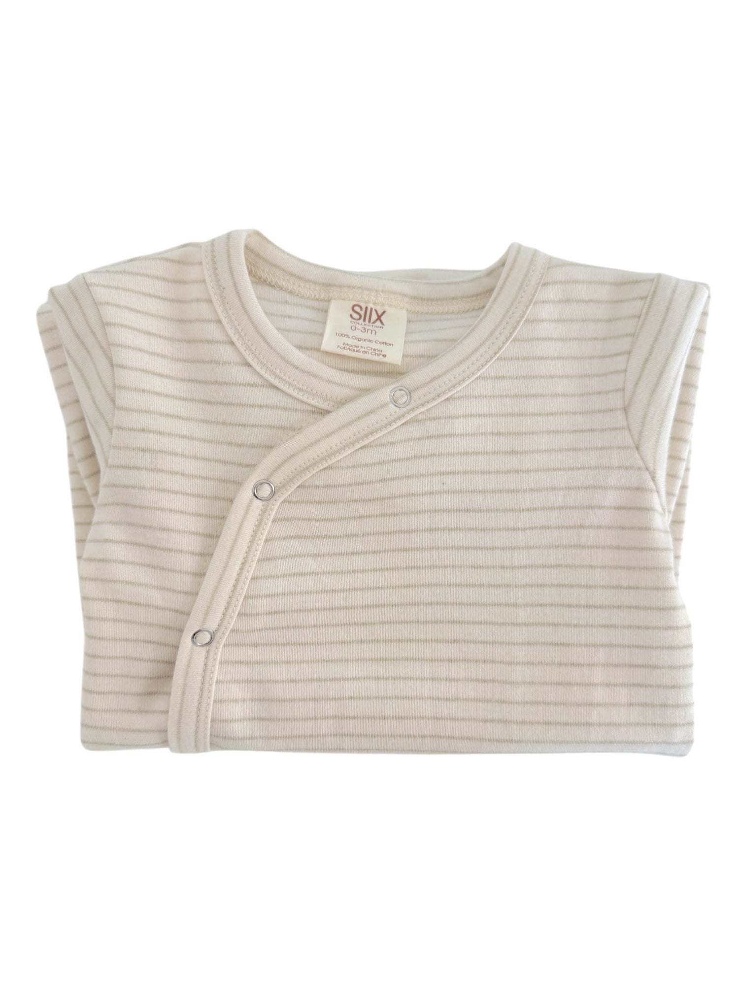 Cream-colored infant bodysuit with light stripes and snap closures. Soft, 100% cotton fabric.