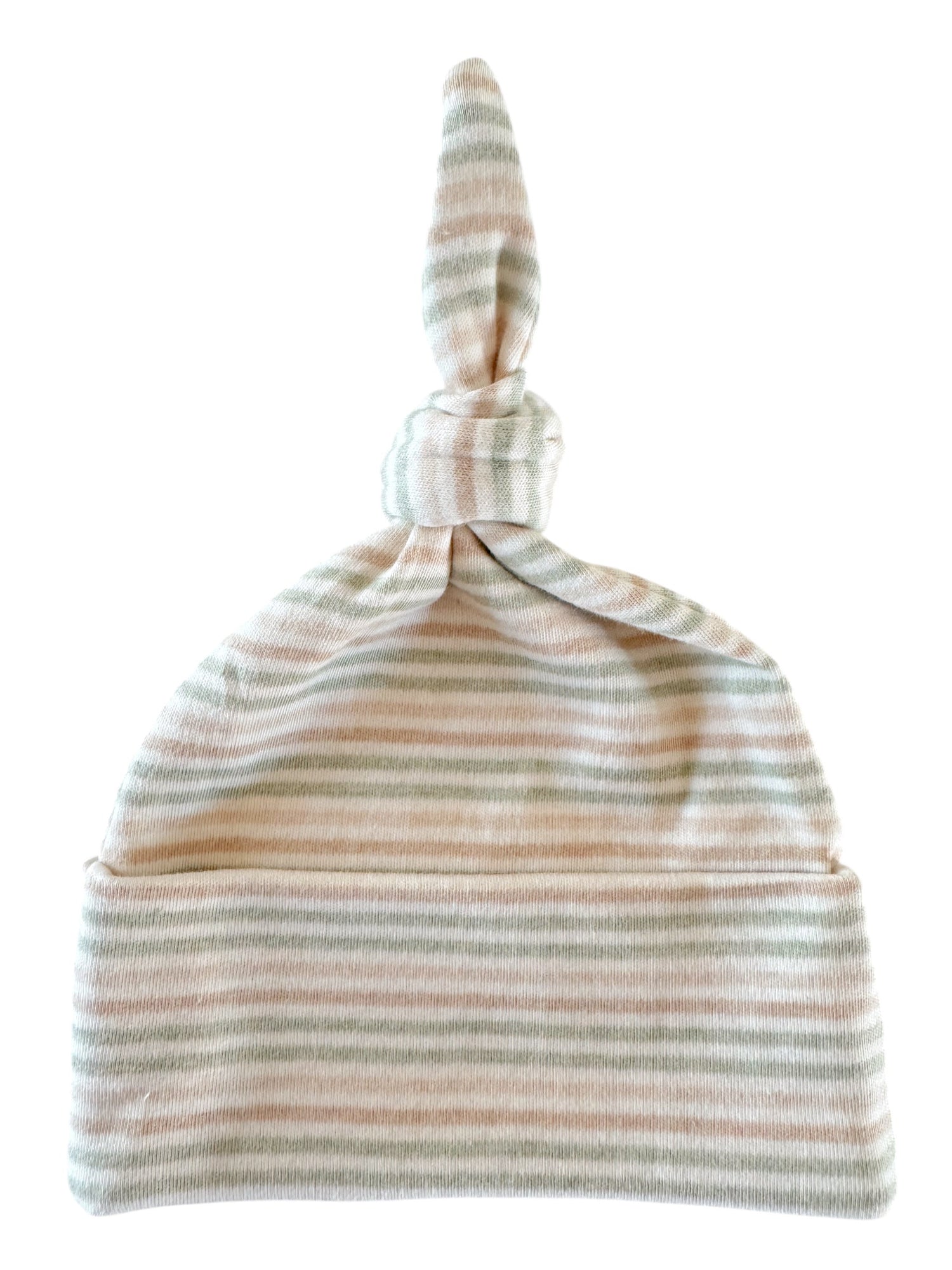 Striped baby hat with a knotted top, featuring soft pastel colors of pink, green, and cream.