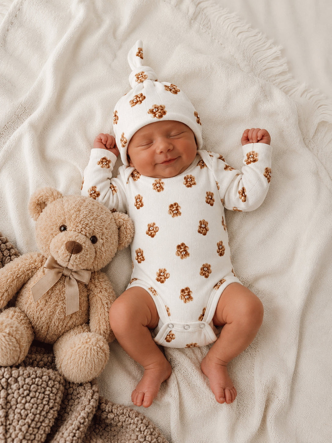 Newborn in a floral onesie and hat, sleeping beside a teddy bear on a cozy blanket.