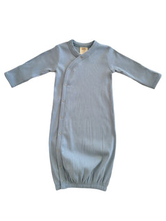 Light blue ribbed baby sleeping gown with long sleeves and snaps along the front. Soft and comfortable for infants.