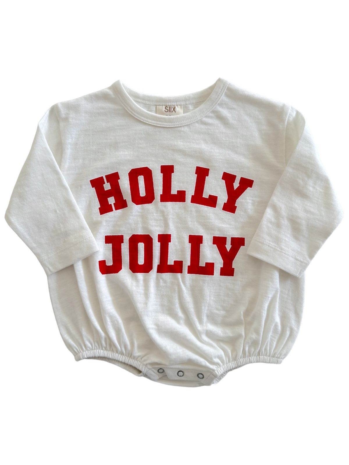 White long-sleeve onesie with red text reading 