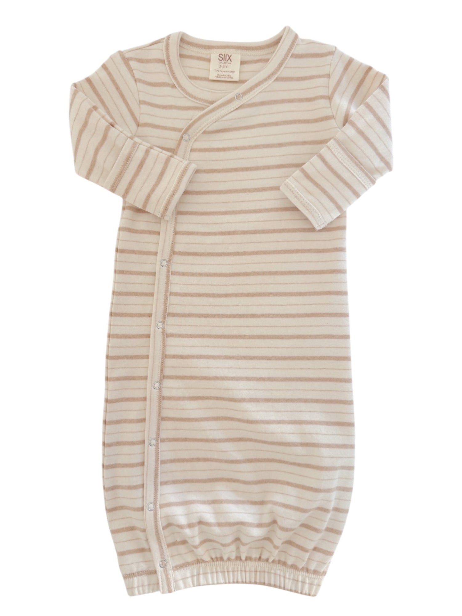Striped infant sleepsack in soft beige tones, featuring a secure button closure and elastic bottom. Ideal for newborns.