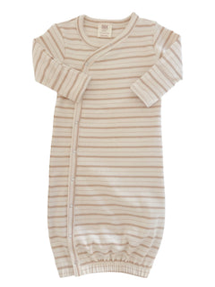 Striped infant sleepsack in soft beige tones, featuring a secure button closure and elastic bottom. Ideal for newborns.