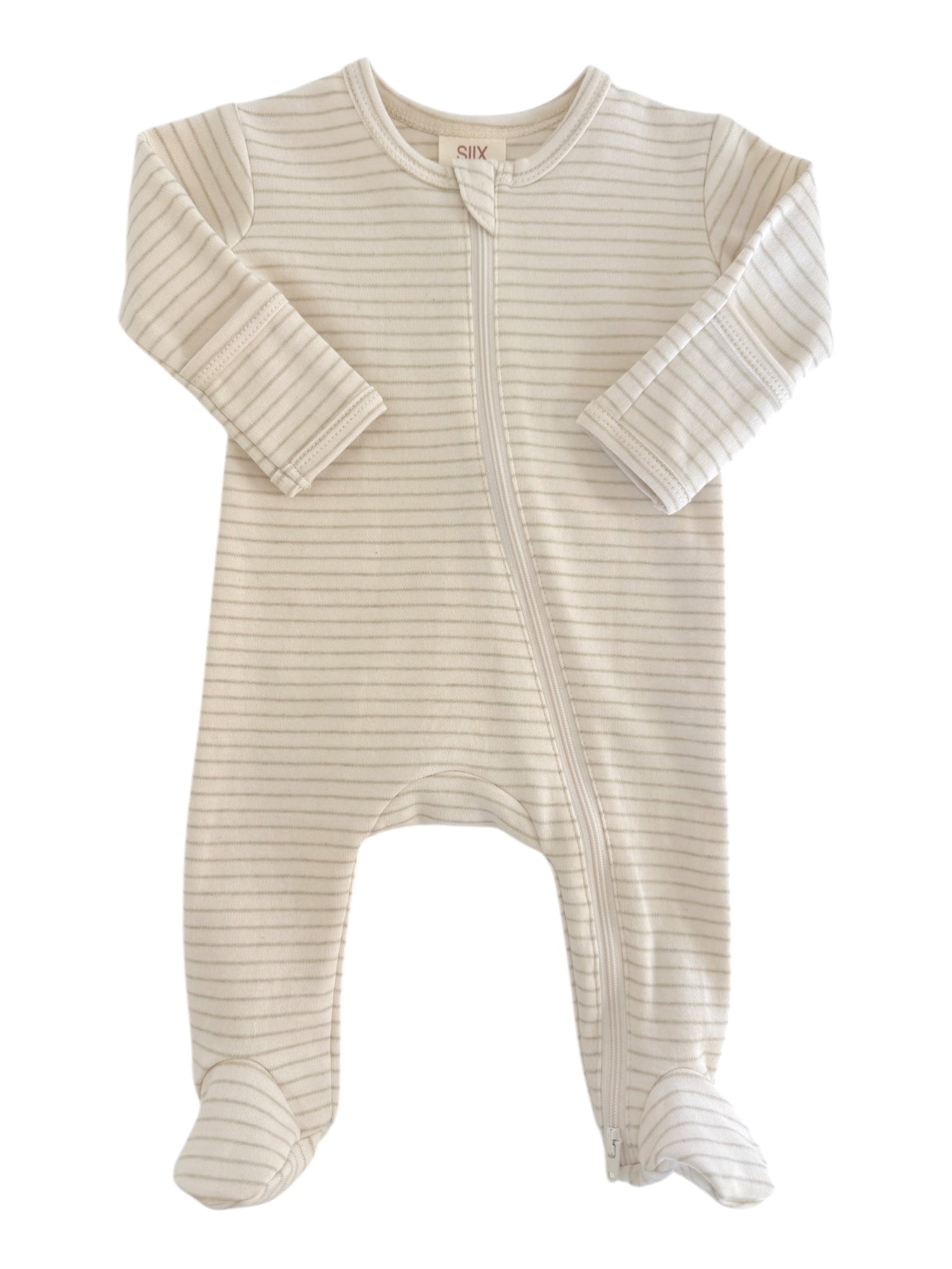 Cream-colored baby onesie with light stripes and zip closure, featuring long sleeves and footed pants.