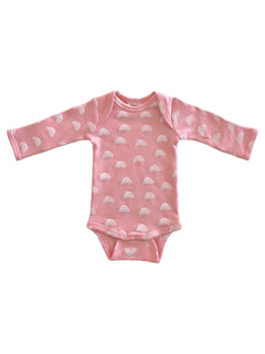 Pink long-sleeve baby bodysuit with white rainbow patterns, ideal for infants and toddlers.