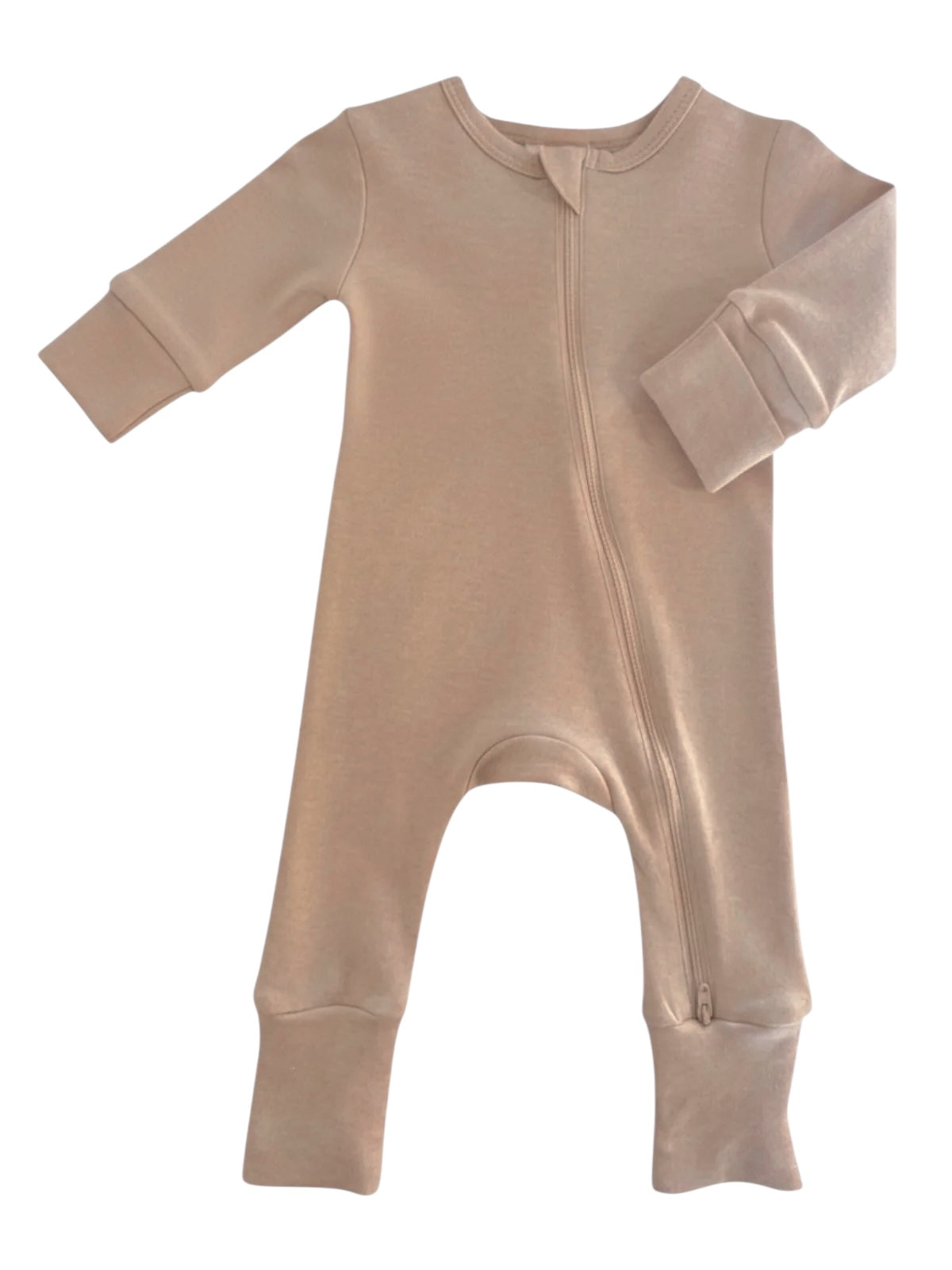 Light beige long-sleeve onesie with a front zipper and cuffed sleeves, suitable for infants.