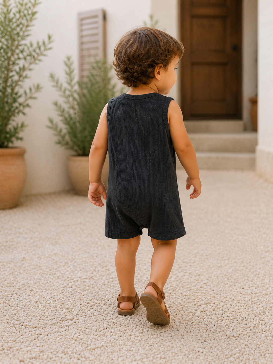 Toddler in a black romper walks away, with plants and a door in the background.