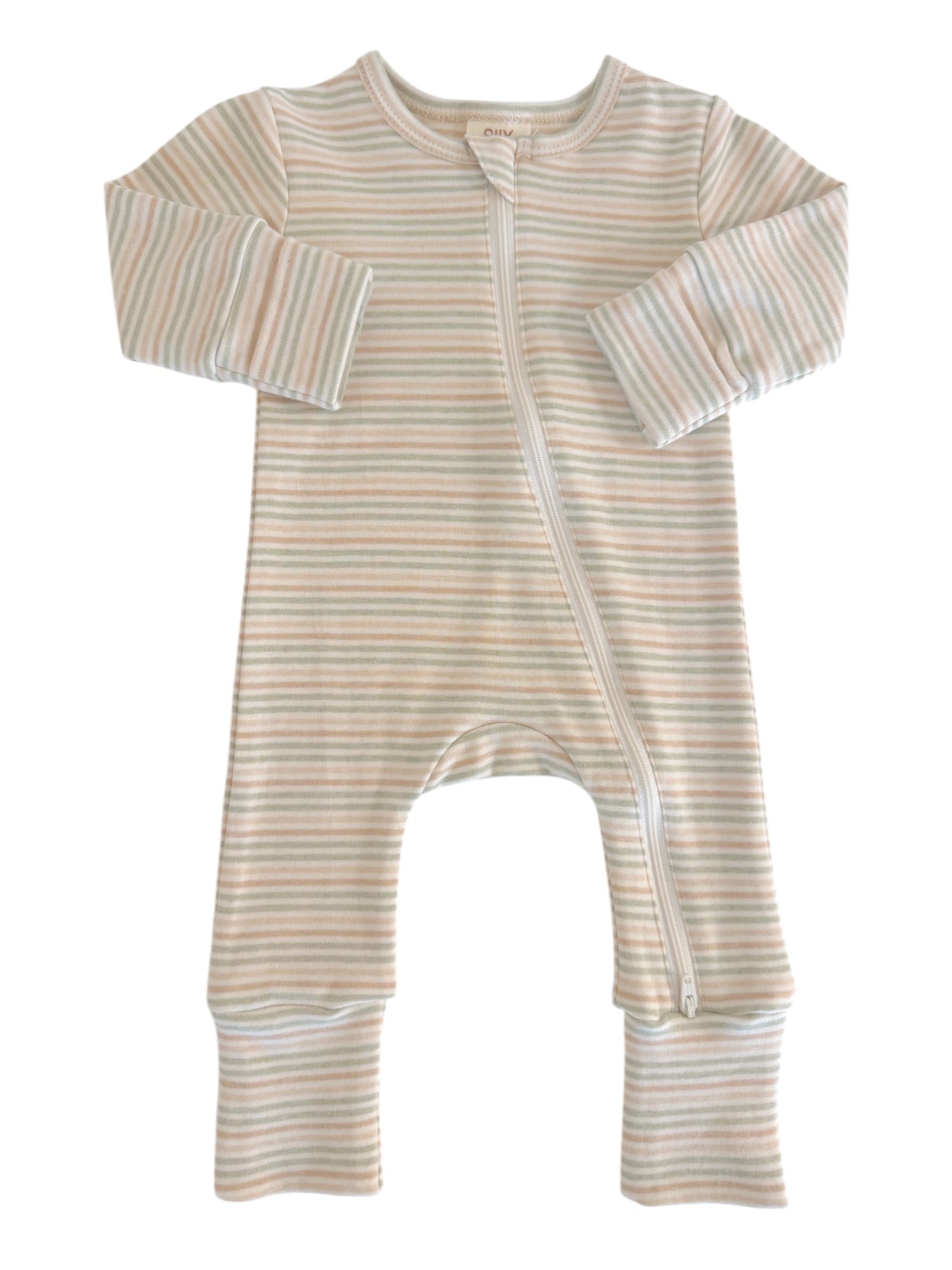 Striped baby onesie with long sleeves and a front zipper, designed for comfort and ease of dressing.