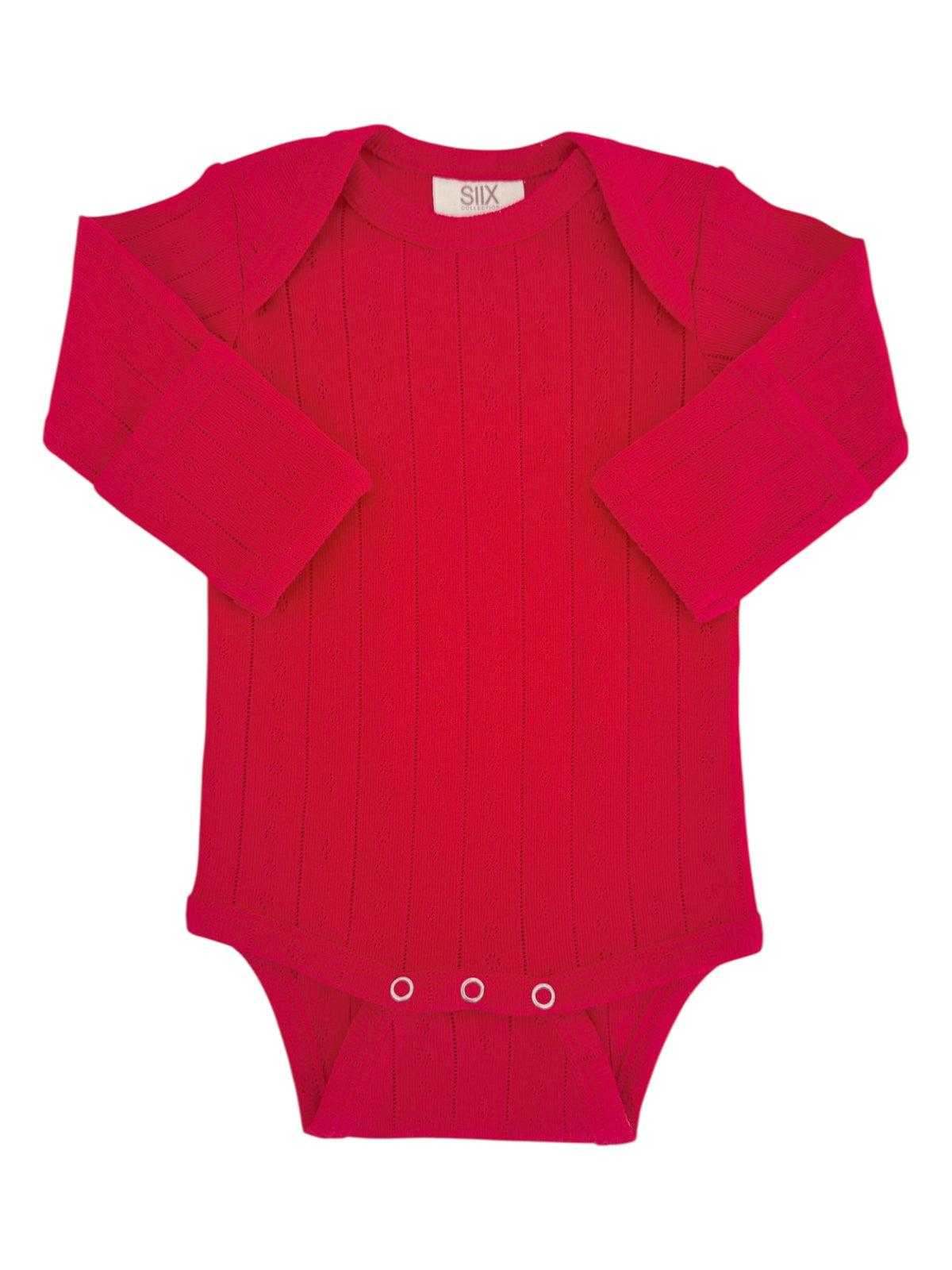 Red long-sleeve baby bodysuit with textured stripes and snap closure at the bottom.