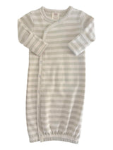 Lightly striped baby gown with round neckline and snap closure, perfect for infants aged 0-3 months.
