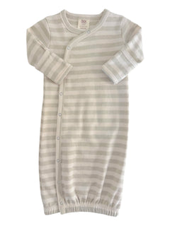 Lightly striped baby gown with round neckline and snap closure, perfect for infants aged 0-3 months.