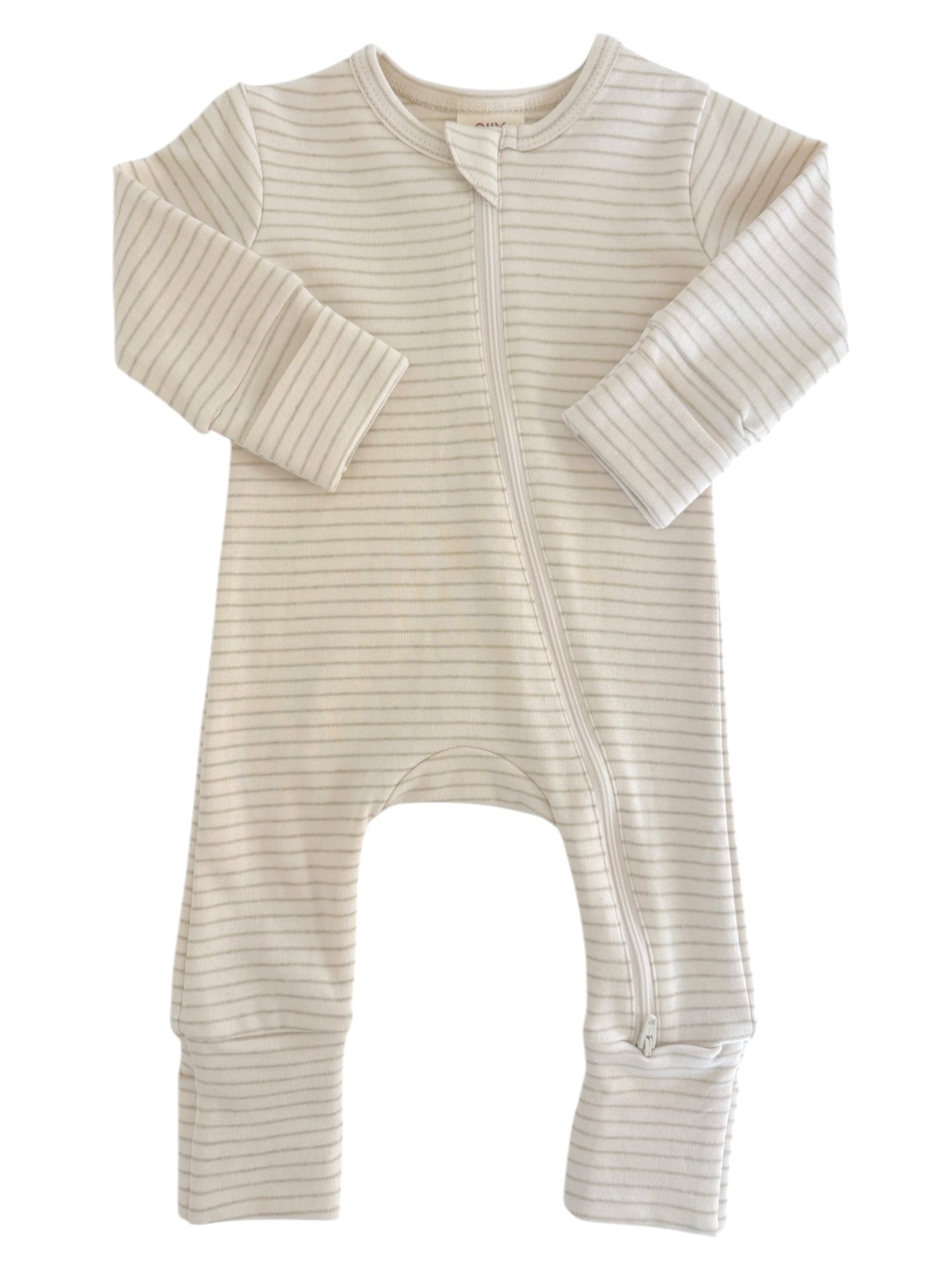 Striped infant onesie with long sleeves and a front zipper closure. Ideal for comfortable sleep and play.