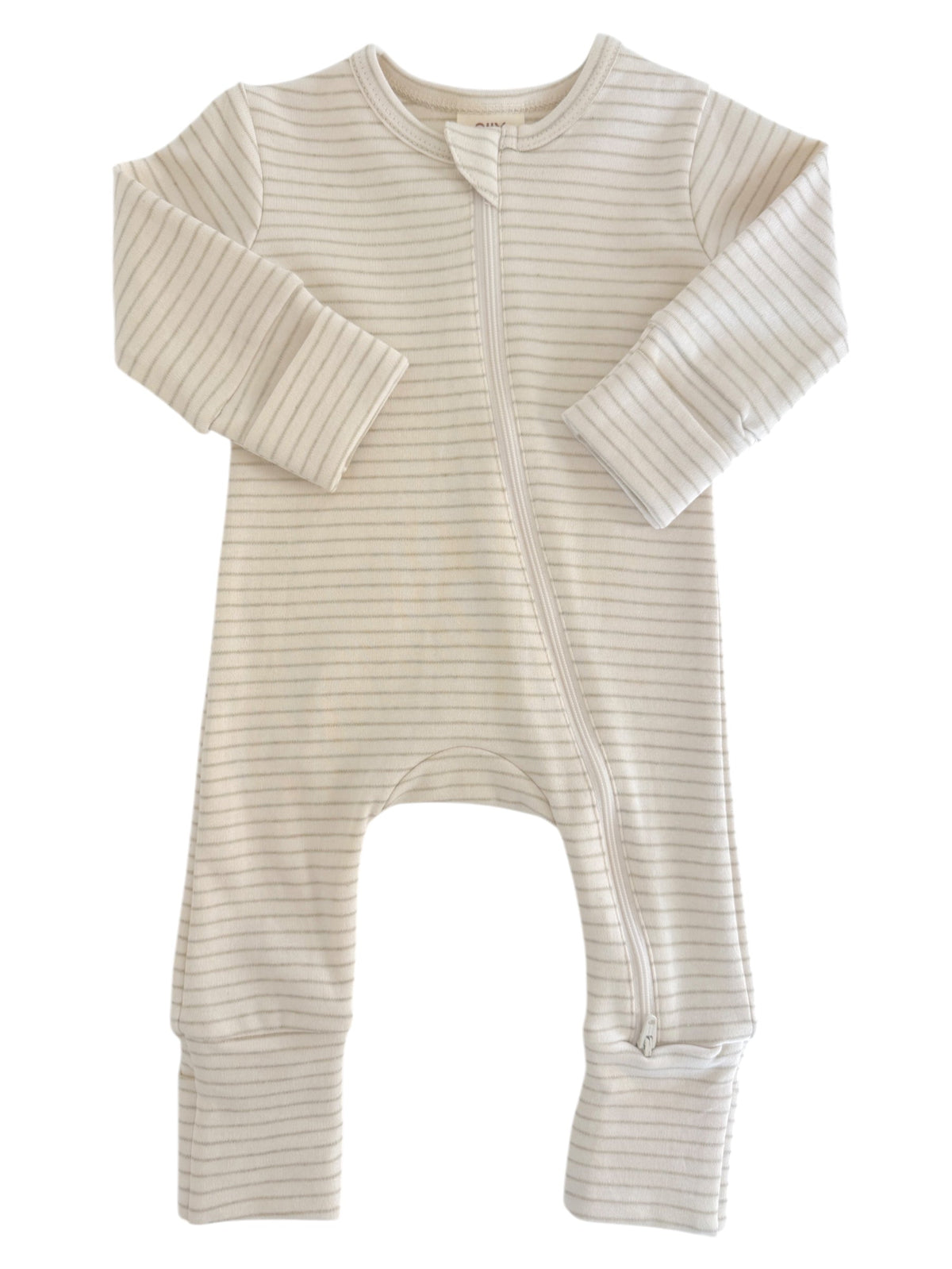 Striped infant onesie with long sleeves and a front zipper closure. Ideal for comfortable sleep and play.