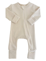 Striped infant onesie with long sleeves and a front zipper closure. Ideal for comfortable sleep and play.